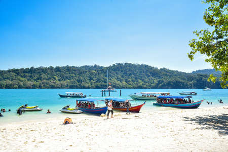 Langkawi Island, Kedah, Malaysia : 28th December 2020 - Landscape view of passengers boats at the...