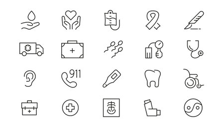 Medicine and Health care flat icons. minimal thin line web icon set. Outline icons collectionのイラスト素材