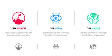 Mission Vision Values infographic Banner template. Company goal infographic design with  Modern flat icon design. vector illustration infographic icon design banner.のイラスト素材