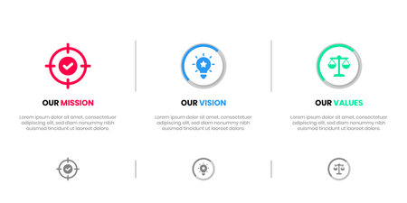 Mission Vision Values infographic Banner template. Company goal infographic design with  Modern flat icon design. vector illustration infographic icon design banner.のイラスト素材