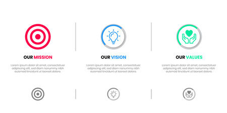 Mission Vision Values infographic Banner template. Company goal infographic design with  Modern flat icon design. vector illustration infographic icon design banner.のイラスト素材