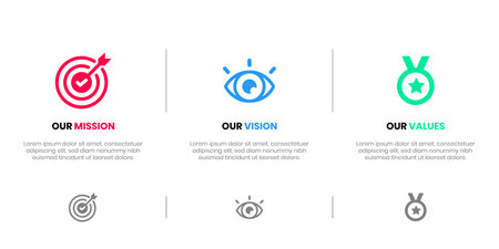Mission Vision Values infographic Banner template. Company goal infographic design with  Modern flat icon design. vector illustration infographic icon design banner.のイラスト素材
