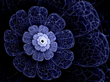 blue fractal flower with blue details on petals, on blackの写真素材