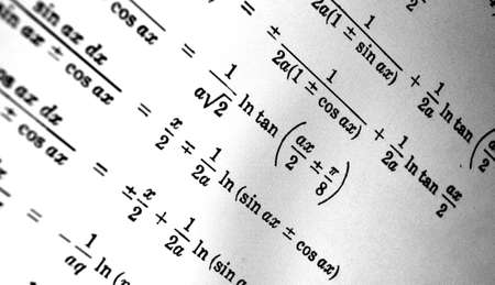 Large number of mathematical formulas on a white backgroundの写真素材