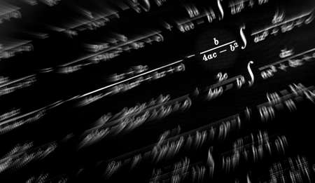 Large number of mathematical formulas focus zoom on a black background