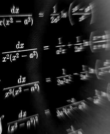 Large number of mathematical formulas focus zoom on a black background