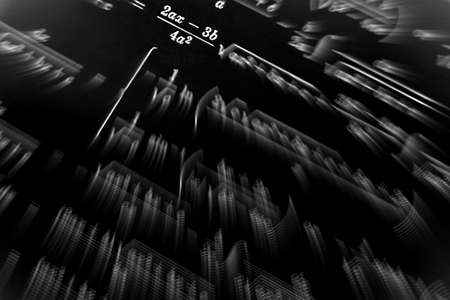 Large number of mathematical formulas focus zoom on a black background