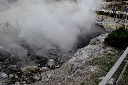 Geysers, Volcano Caldera Hot Springs Fumarole Bubbling Smoking in Furnas, Sao Miguel, Azores,...