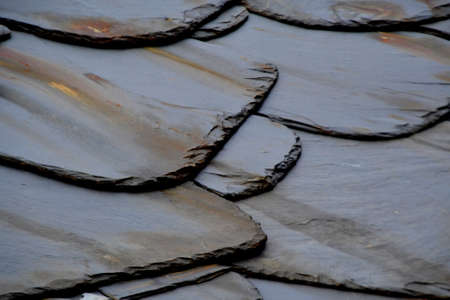 Details of shale roof on a house built from schist in Piodão,  one of Portugal's schist villages in...