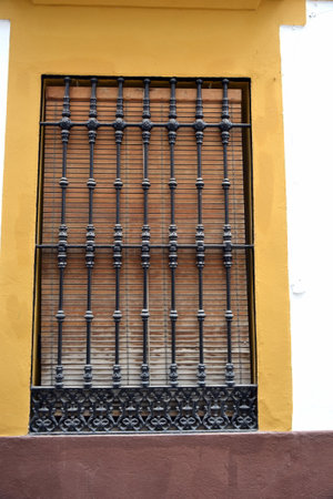 The beautiful exterior facade with a wooden door in the historic of Cordoba Spain