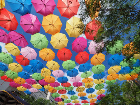 Coral Gables, Florida 08-04-2018 Umbrella Sky in Giralda Plaza, a joint art project by the City of Coral Gables and the Portuguese company Sextafeira.のeditorial素材