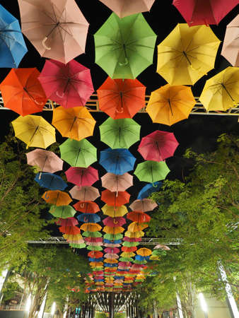 Coral Gables, Florida 08-04-2018 Umbrella Sky in Giralda Plaza, a joint art project by the city and the Portuguese company Sextafeira, at night.のeditorial素材