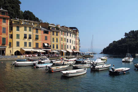 Potofino, Italy 04-12-2011 The colorful waterfront buildings and harbor of Portofino, a resort town on the Italian Riviera.のeditorial素材