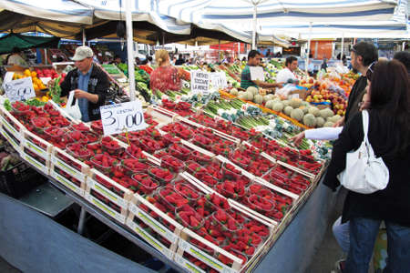 Vigevano, Italy - April 2011 Fruit and vegetables displayed in the market in Vigevano, a city in the Province of Pavia in northern Italy.のeditorial素材