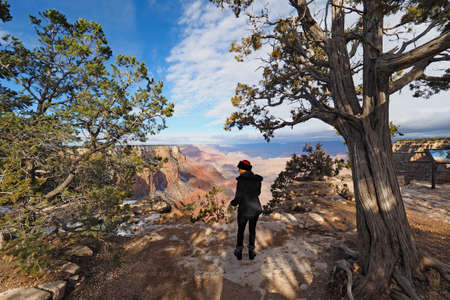 Woman photographing the canyon from the South Rim Trail in Grand Canyon National Park, Arizona, in...