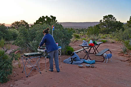 Grand Canyon National Park, Arizona 06-17-2019 Young woman enjoys remote backcountry camp in the Tuweep Campground.のeditorial素材