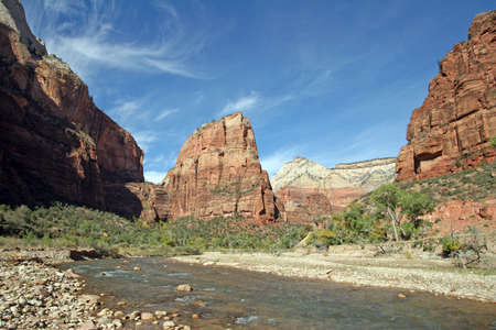 Angels Landing and Virgin River under unusual autumn cloudscape in Zion National Park, Utah.の写真素材