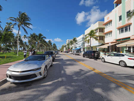 Miami Beach, Florida - August 5, 2018 - Restored Art Deco buildings on Ocean Drive in Art Deco Historic District on sunny summer day.のeditorial素材
