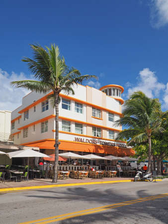 Miami Beach, Florida - August 5, 2018 - Restored Art Deco buildings on Ocean Drive in Art Deco Historic District on sunny summer day.