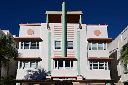 Miami Beach, Florida - January 5, 2020: Art Deco architecture on Ocean Drive on clear cloudless winter morning.のeditorial素材