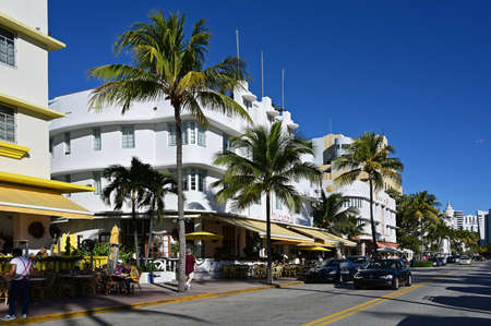 Miami Beach, Florida - January 5, 2020: Art Deco architecture on Ocean Drive on clear cloudless...