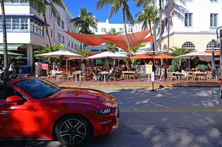 Miami Beach, Florida - January 5, 2020: Art Deco Historic District on Ocean Drive on clear cloudless...