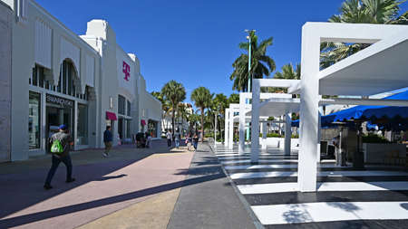 Miami Beach, Florida - February 29, 2020 - Lincoln Road Mall street scene in morning light on clear...