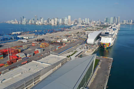 Miami, Florida - April 18, 2020 - Aerial view of cruise ships at Port Miami cruise terminal during covid-19 pandemic on sunny cloudless April morning.のeditorial素材