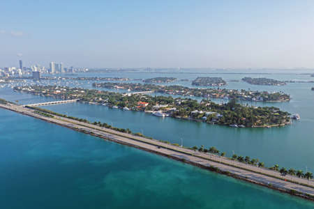 Miami beach, Florida - April 18, 2020 - Aerial view of Hibiscus, Palm and Venetian Islands of Miami Beach, Florida on clear cloudless spring morning.のeditorial素材