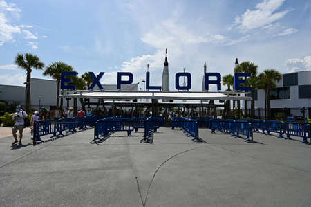 Kennedy Space Center, Merritt island, Florida - May 30, 2020 - Entrance to visitor center under sign that reads EXPLORE.のeditorial素材