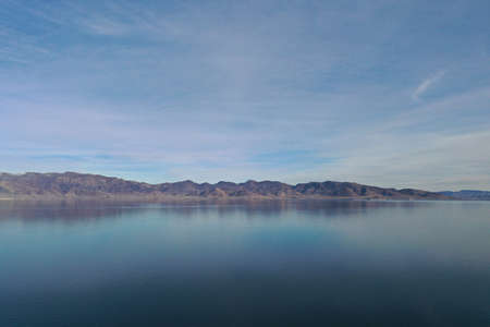 Aerial view of Pyamid Lake near Reno, Nevada on calm winter afternoon.の写真素材