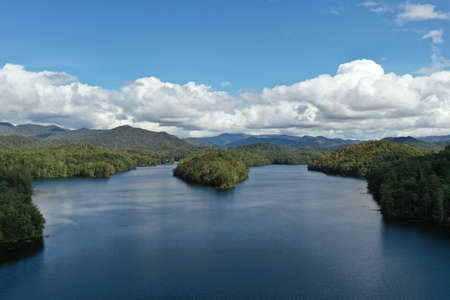 Aerial view of Lake Santeetlah, North Carolina and surrounding national forests in autumn color.の写真素材