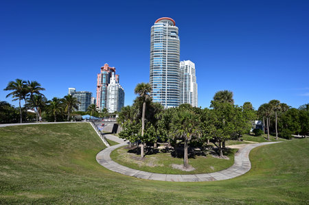 Miami Beach, Florida - December 13, 2020 - South Pointe Park and adjacent residential towers on clear sunny winter morning.のeditorial素材