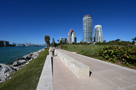 Miami Beach, Florida - December 13, 2020 - South Pointe Park and adjacent residential towers on clear sunny winter morning.のeditorial素材