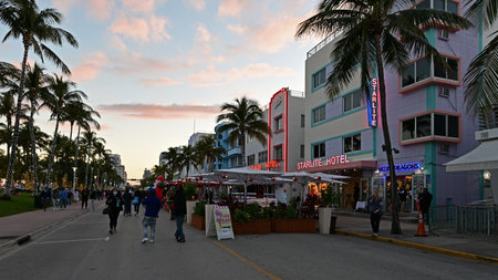 Miami Beach, Florida - 12-26-2020 - Art Deco District and Ocean Drive see increased evening...
