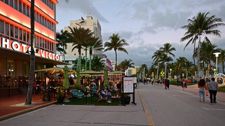 Miami Beach, Florida - 12-26-2020 - Art Deco District and Ocean Drive see increased evening...