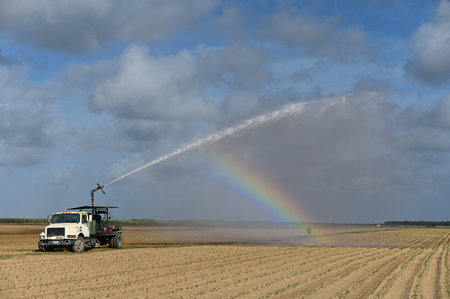 Homestead, Florida - January 2, 2021 - Pump truck irrigates planted fields creating rainbow in spray on sunny winter morning.のeditorial素材