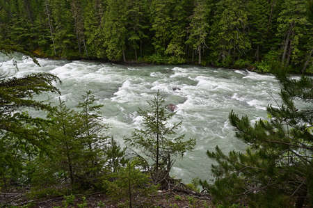 High levels and torrential water flow in McDonald Creek in Glacier National Park, Montana after...