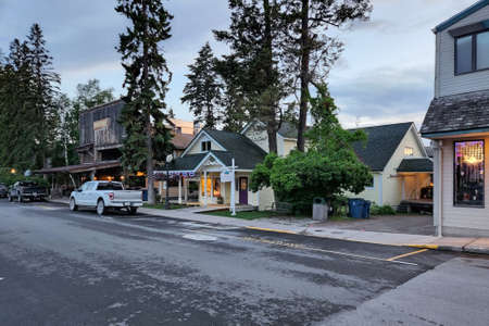 Bigfork, Montana - 6-21-2022 - Street scene in downtown area in late afternoon.のeditorial素材