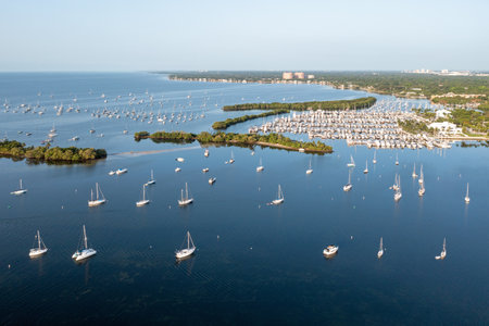 Aerial view of boats moored off Dinner Key Marina in Coconut Grove, Miami, Florida on calm clear cloudless summer morning.の写真素材