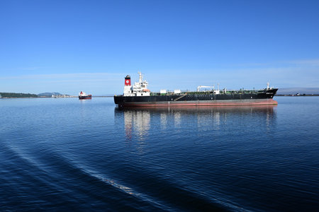 Cargo ships at anchor in Port Angeles Harbor, Washington on clear sunny summer morning.の写真素材