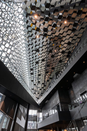 Reykjavik, Iceland - September 3, 2023 - Interior view of Harpa Concert Hall on Reykjavik waterfront, Iceland.のeditorial素材
