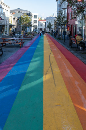 Reykjavik, Iceland - September 4, 2023 - Rainbow Street in city center in early morning light.のeditorial素材