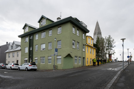 Reykjavik, Iceland - September 3, 2023 - Colorful residential street scene under autumn cloudscape.のeditorial素材