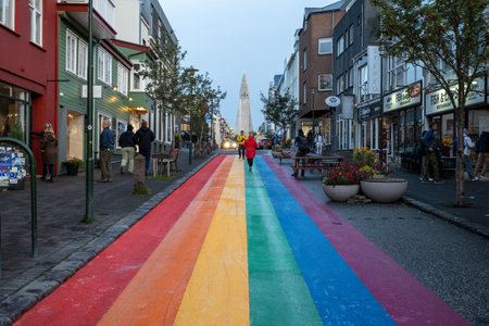 Reykjavik, Iceland - September 3, 2023 - Rainbow Street in city center in late afternoon light.のeditorial素材