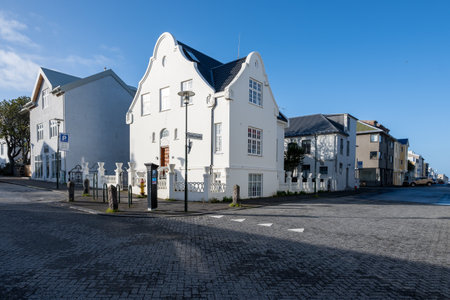 Reykjavik, Iceland - September 3, 2023 - Residential street scene under sunny clear autumn sky.のeditorial素材