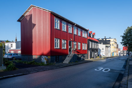 Reykjavik, Iceland - September 4, 2023 - Residential street scene showing characteristic corrugated iron construction.のeditorial素材