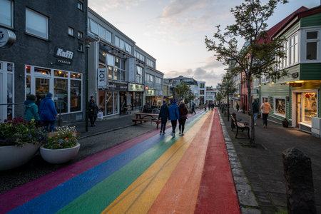 Reykjavik, Iceland - September 3, 2023 - Rainbow Street in city center in late afternoon light.のeditorial素材