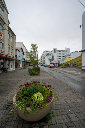 Akureyri, Iceland - Sept 9, 2023 - Street scene in city center on overcast autumn morning.のeditorial素材