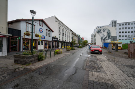 Akureyri, Iceland - Sept 9, 2023 - Street scene in city center on overcast autumn morning.のeditorial素材